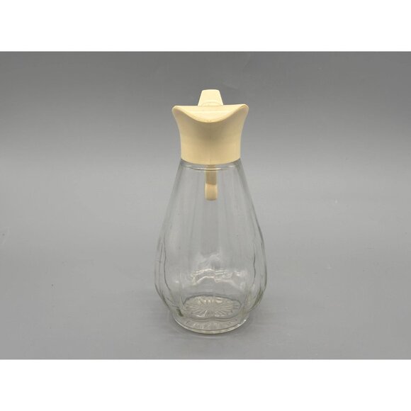 Vintage Glass Pitcher With Beige Plastic Pour Lid | Clear Starburst Base Bottle - Picture 5 of 7